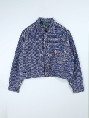 画像1: gim context Hand-Stitched Damaged Denim Knit Jacket