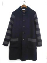 画像: WRAPINKNOT   メルトンボーダー切替し ショールカラーダッフルコート NAVY