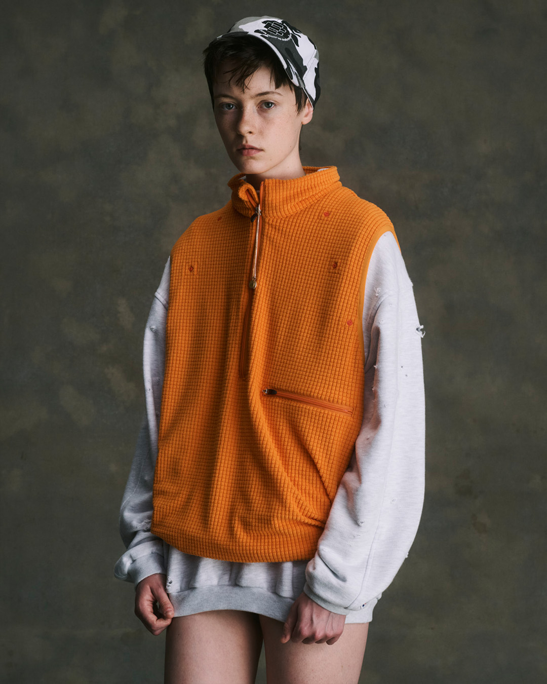 画像: BAL DETACHABLE SLEEVE GRID FLEECE PULL OVER ORANGE